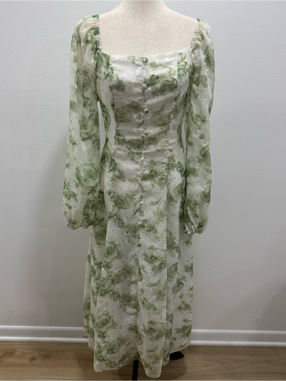 SHEIN White Floral Puff Sleeve Midi Dress with Green Print